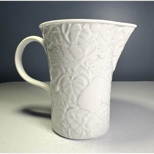 Vintage Pacific Rim Pottery‎ White Pitcher w/Embossed Forest Scene & Bird 6.75"